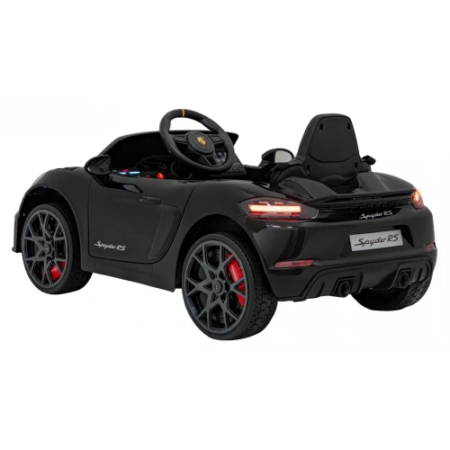 Ujęcie tyłu i boku z felgami oraz światłami LED – czarne Porsche Spyder RS 718, pojazd na akumulator dla dzieci.webp