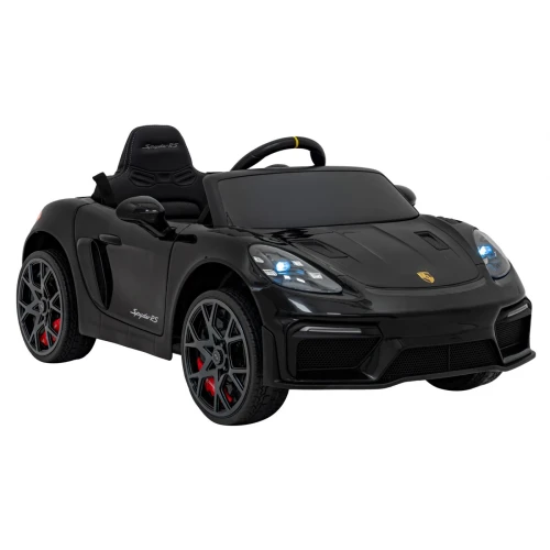 Widok z przodu i boku z reflektorami LED – czarne Porsche Spyder RS 718 na akumulator dla dzieci.webp