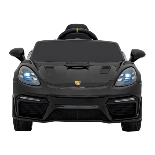 Widok z przodu z podświetlonymi reflektorami LED – czarne Porsche Spyder RS 718 na akumulator dla dzieci.webp