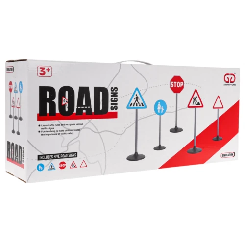 Pudełko Road Signs z pięcioma znakami i oznaczeniem 3+ – zestaw znaków drogowych dla dzieci.webp