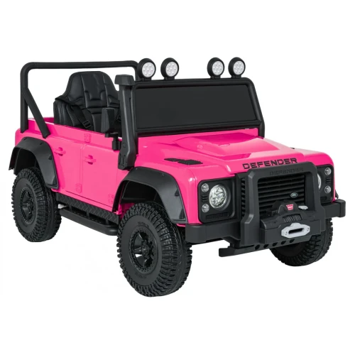 Ujęcie przodu i boku z wyciągarką oraz halogenami – różowy Land Rover Defender 110 SVX Concept na akumulator dla dzieci.webp