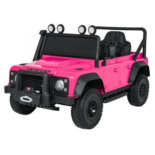 Ujęcie z przodu i boku z klatką bezpieczeństwa – różowy Land Rover Defender 110 SVX Concept, pojazd na akumulator dla dzieci.webp