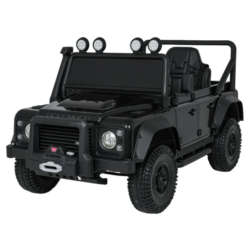 Ujęcie z przodu i boku z klatką bezpieczeństwa – czarny Land Rover Defender 110 SVX Concept, pojazd na akumulator dla dzieci.webp