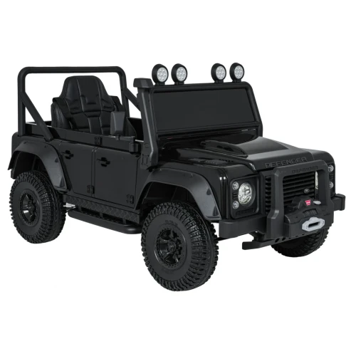 Ujęcie przodu i boku z wyciągarką oraz halogenami – czarny Land Rover Defender 110 SVX Concept na akumulator dla dzieci.webp