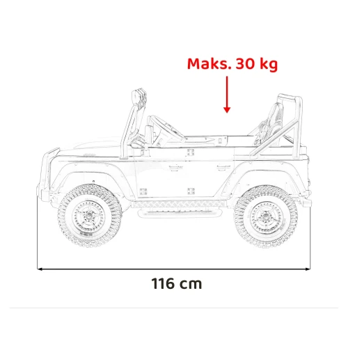 Wymiary auta długość 116 cm i maksymalne obciążenie 30 kg – czarny Land Rover Defender 110 SVX Concept na akumulator dla dzieci.webp