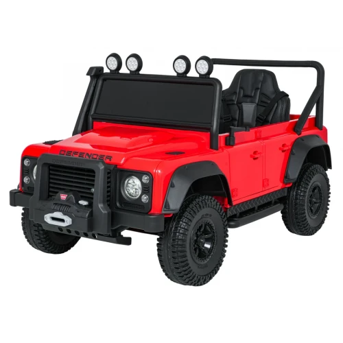 Ujęcie z przodu i boku z klatką bezpieczeństwa – czerwony Land Rover Defender 110 SVX Concept, pojazd na akumulator dla dzieci.webp