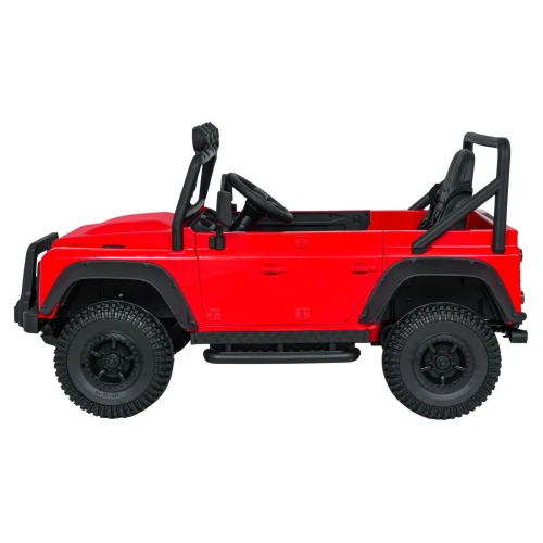 Profil boczny z progami i kołami off-road – czerwony Land Rover Defender 110 SVX Concept, auto elektryczne dla dzieci.webp