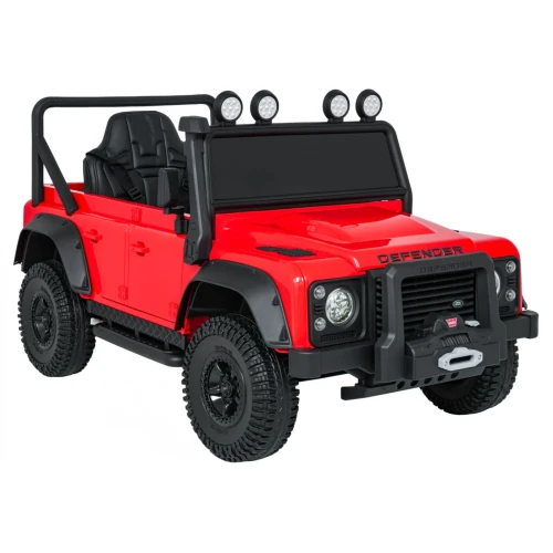 Ujęcie przodu i boku z wyciągarką oraz halogenami – czerwony Land Rover Defender 110 SVX Concept na akumulator dla dzieci.webp