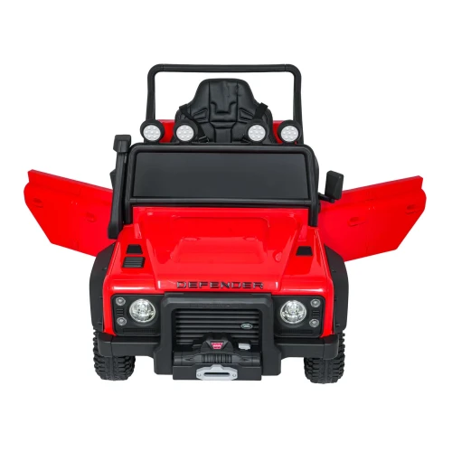 Przód z otwartymi drzwiami i wyciągarką – czerwony Land Rover Defender 110 SVX Concept, auto elektryczne na akumulator dla dzieci.webp