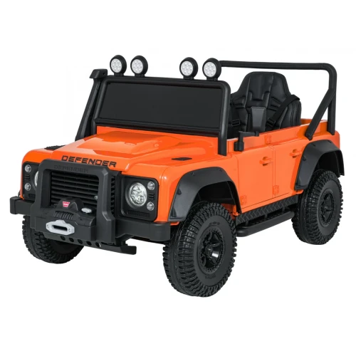 Ujęcie z przodu i boku z klatką bezpieczeństwa – pomarańczowy Land Rover Defender 110 SVX Concept, pojazd na akumulator dla dzieci.webp
