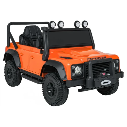 Ujęcie przodu i boku z wyciągarką oraz halogenami – pomarańczowy Land Rover Defender 110 SVX Concept na akumulator dla dzieci.webp
