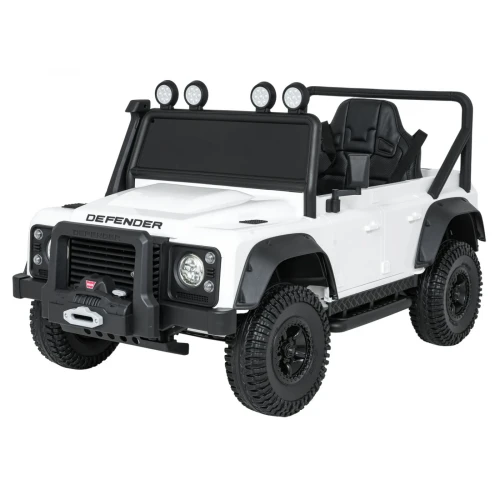 Ujęcie z przodu i boku z klatką bezpieczeństwa – biały Land Rover Defender 110 SVX Concept, pojazd na akumulator dla dzieci.webp