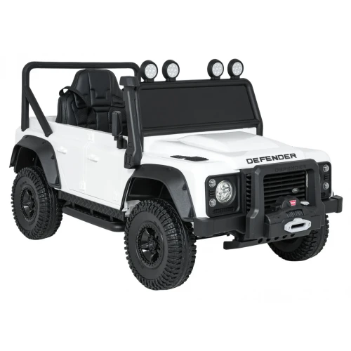 Ujęcie przodu i boku z wyciągarką oraz halogenami – biały Land Rover Defender 110 SVX Concept na akumulator dla dzieci.webp