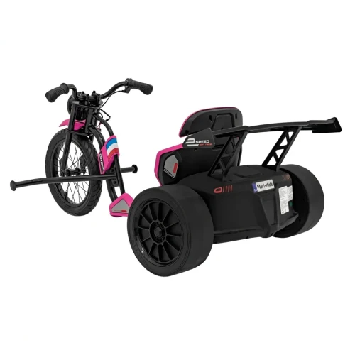 Ujęcie tyłu i boku ze spoilerem 2 SPEED oraz napisem DRIFT – różowy Drift Bike 21 na akumulator dla dzieci.webp