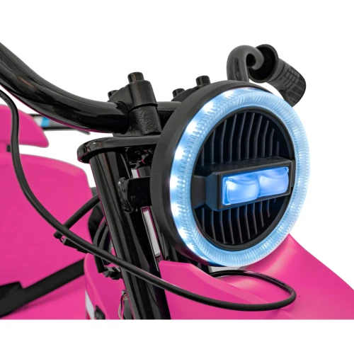 Przedni reflektor LED z podświetlanym ringiem – zbliżenie różowego Drift Bike 21 na akumulator dla dzieci.webp