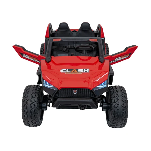 Widok z przodu z otwartymi drzwiami i światłami LED – czerwone buggy Clash Strong 4x4 na akumulator dla dzieci.webp