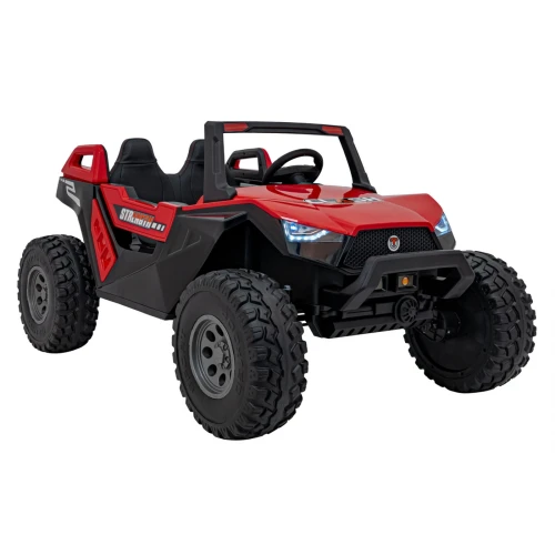 Widok z przodu i boku z podświetlonymi reflektorami LED i orurowaniem – czerwone buggy Clash Strong 4x4 na akumulator dla dzieci.webp