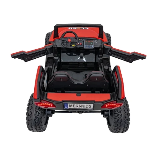 Widok z góry i tyłu z otwartymi drzwiami oraz kokpitem – czerwone buggy Clash Strong 4x4, auto elektryczne na akumulator dla dzieci.webp