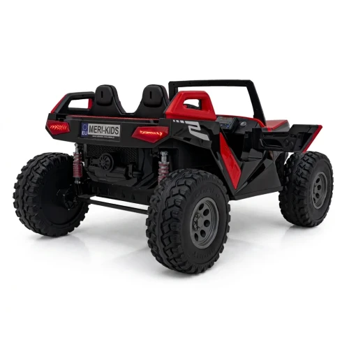 Ujęcie tyłu i boku z amortyzatorami, lampami LED i tablicą Meri-Kids – czerwone buggy Clash Strong 4x4, pojazd na akumulator dla dzieci.webp