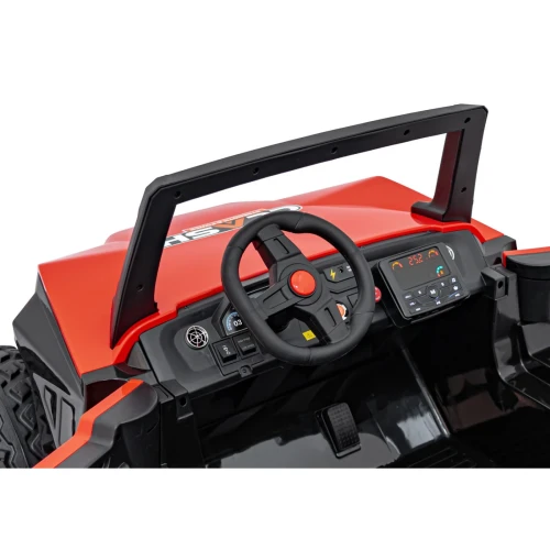 Kokpit z kierownicą, ramą ochronną i panelem multimedialnym – czerwone buggy Clash Strong 4x4 na akumulator dla dzieci.webp