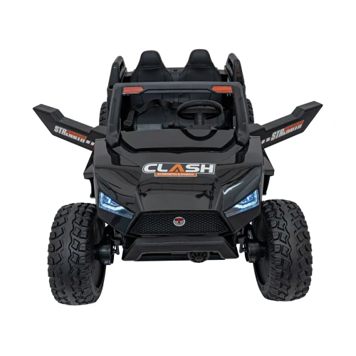 Widok z przodu z otwartymi drzwiami i światłami LED – czarne buggy Clash Strong 4x4 na akumulator dla dzieci.webp