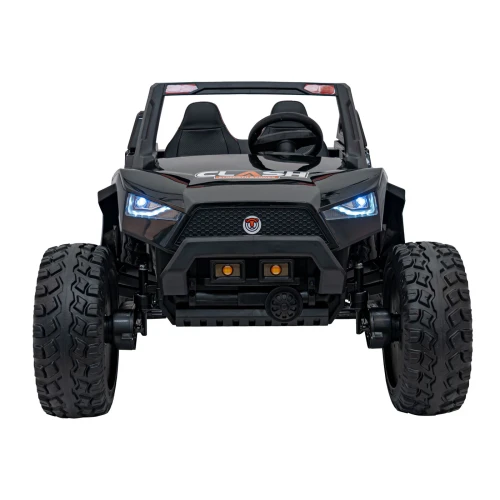 Widok z przodu z reflektorami LED i grillem z logo – czarne buggy Clash Strong 4x4 na akumulator dla dzieci.webp