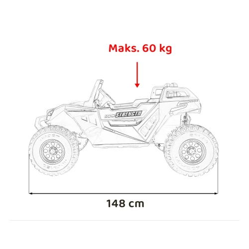 Wymiary pojazdu – długość 148 cm i maksymalne obciążenie 60 kg – czarne buggy Clash Strong 4x4 na akumulator dla dzieci.webp