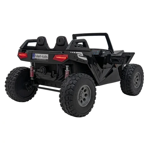 Ujęcie tyłu i boku z amortyzatorami, lampami LED i tablicą – czarne buggy Clash Strong 4x4, pojazd na akumulator dla dzieci.webp