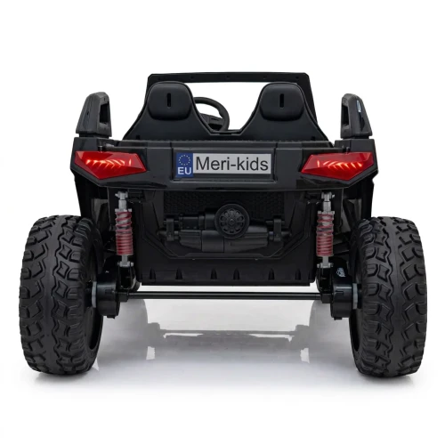 Widok z tyłu z lampami LED, amortyzatorami i wałem napędowym 4x4 – czarne buggy Clash Strong na akumulator dla dzieci.webp