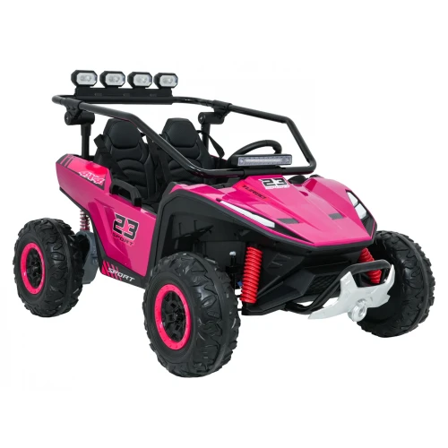 Ujęcie z przodu i boku z belką czterech reflektorów LED, maską 23 SPORT TURBO i wyciągarką – różowe buggy Turbo 23 4x4 na akumulator dla dzieci.webp