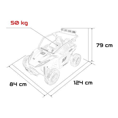 Wymiary pojazdu – długość 124 cm, szerokość 84 cm, wysokość 79 cm i obciążenie 50 kg – różowe buggy Turbo 23 4x4 na akumulator dla dzieci.webp