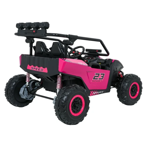 Ujęcie tyłu i boku z napisem SPEED, amortyzatorami i wałem napędowym 4x4 – różowe buggy Turbo 23 na akumulator dla dzieci.webp