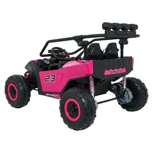 Widok z przodu i boku z ramą ochronną oraz dużymi kołami terenowymi – różowe buggy Turbo 23 4x4 na akumulator dla dzieci.webp