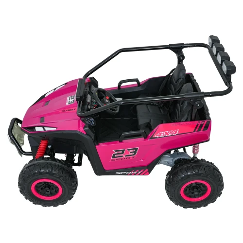 Widok z boku z profilem nadwozia i napisem 23 SPORT – różowe buggy Turbo 23 4x4, pojazd na akumulator dla dzieci.webp