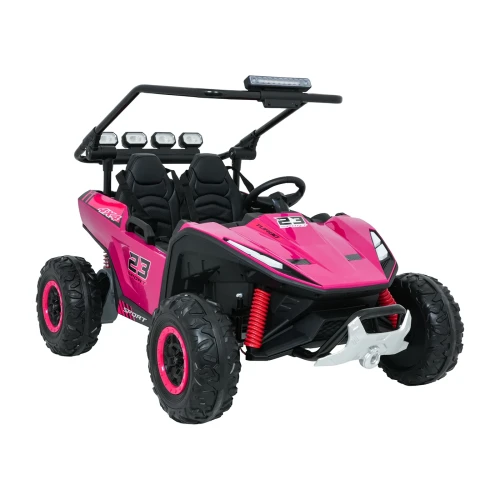 Widok z przodu i boku z podświetlonymi reflektorami LED i białą wyciągarką – różowe buggy Turbo 23 4x4 na akumulator dla dzieci.webp