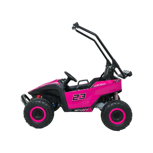 Widok z boku z podniesioną ramą ochronną i belką LED – różowe buggy Turbo 23 4x4 na akumulator dla dzieci.webp