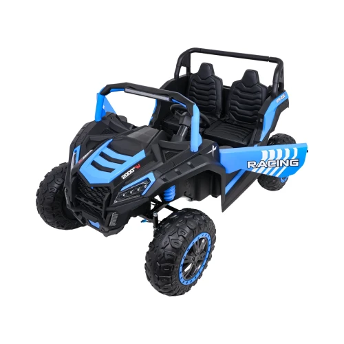 Przód i bok z otwartymi drzwiami oraz niebieskim amortyzatorem – niebieski Buggy ATV Racing 4x4 UTV-2000 dla dzieci.webp