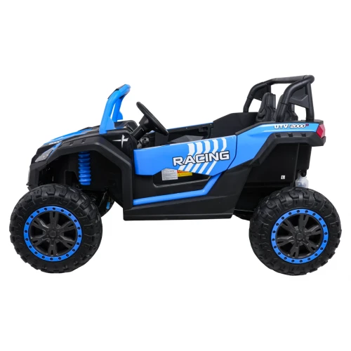Widok z boku z napisem RACING i UTV-2000 – niebieski Buggy ATV Racing 4x4 na akumulator dla dzieci.webp