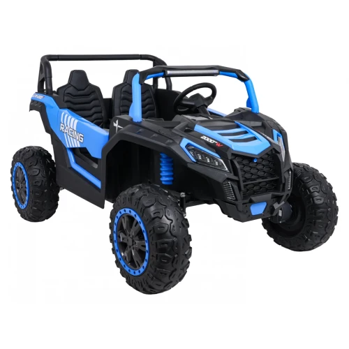 Ujęcie przodu i boku z ramą ochronną oraz belką LED – niebieski Buggy ATV Racing 4x4 UTV-2000 dla dzieci.webp