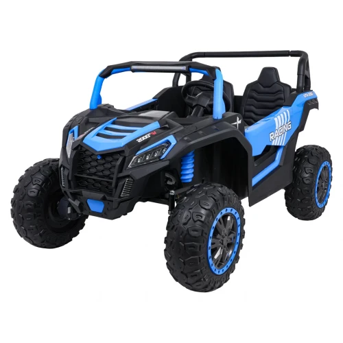 Ujęcie 34 z przodu z napisem RACING i niebieskim amortyzatorem – niebieski Buggy ATV Racing 4x4 UTV-2000 dla dzieci.webp