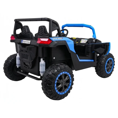 Ujęcie tyłu i boku z amortyzatorami oraz terenowymi felgami – niebieski Buggy ATV Racing 4x4 UTV-2000 dla dzieci.webp