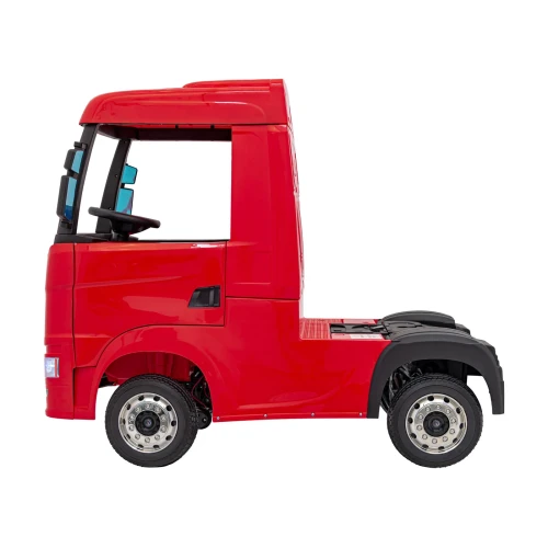 Ujęcie z boku z chromowanymi felgami i lusterkami – czerwona Scania TIR R Serie, TIR na akumulator dla dzieci.webp