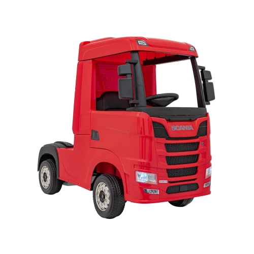 Ujęcie z przodu i boku z podświetlonymi reflektorami LED – czerwona Scania TIR R Serie na akumulator dla dzieci.webp