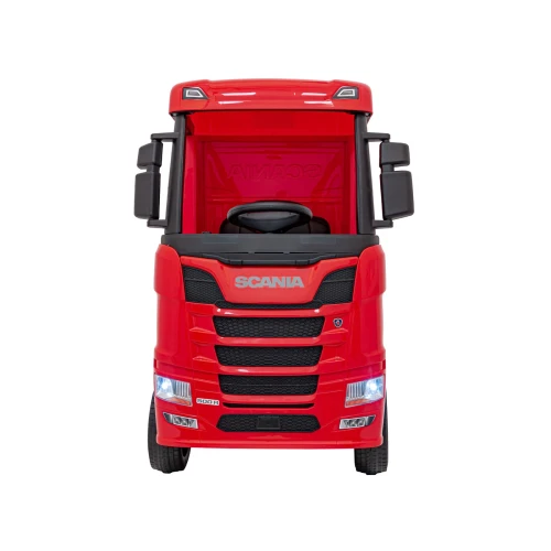 Widok z przodu z reflektorami LED, atrapą SCANIA i emblematem 500 R – czerwona Scania TIR R Serie na akumulator dla dzieci.webp