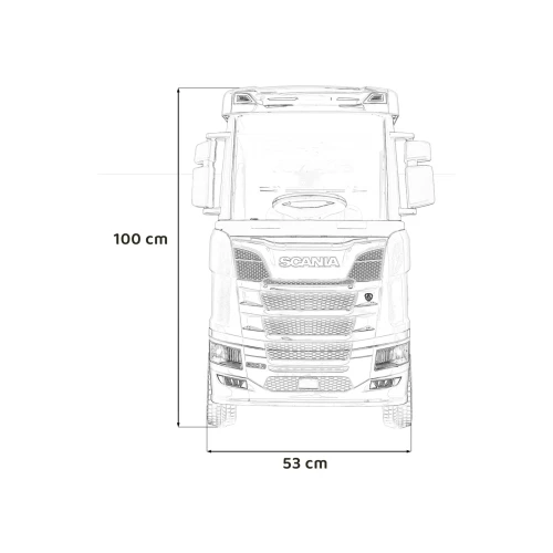 Wymiary auta – wysokość 100 cm i szerokość 53 cm – czerwona Scania TIR R Serie na akumulator dla dzieci.webp