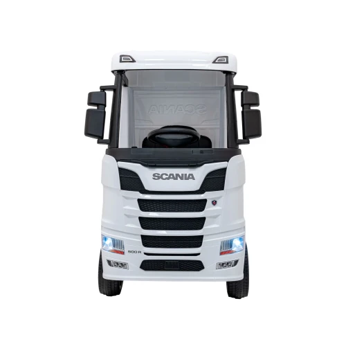 Widok z przodu z atrapą SCANIA, reflektorami LED i lusterkami – biała Scania R Serie na akumulator dla dzieci.webp