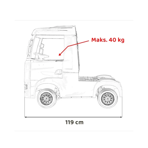 Wymiary auta – długość 119 cm i obciążenie do 40 kg – biała Scania R Serie na akumulator dla dzieci.webp