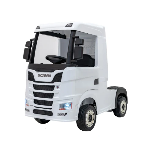Ujęcie z przodu i boku z kabiną sypialną oraz lusterkami – biała Scania R Serie, TIR na akumulator dla dzieci.webp