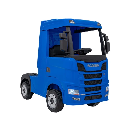 Ujęcie z przodu i boku z podświetlonymi reflektorami LED – niebieska Scania R Serie na akumulator dla dzieci.webp