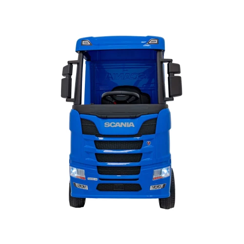 Widok z przodu z atrapą SCANIA, reflektorami LED i lusterkami – niebieska Scania R Serie na akumulator dla dzieci.webp